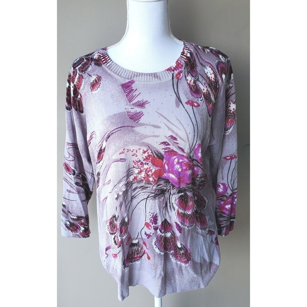 CD Petites Sweater Womens PXL Purple Floral Rhinestone 3/4 Sleeve Pullover